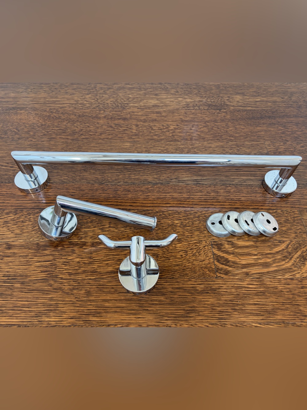 3pc Bathroom Set: Towel Bar, Toilet Paper Holder, Double Hook, Like New